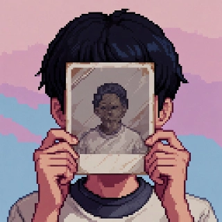 Nostalgic Vaporwave Pixel Figure Holding Old Photo