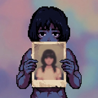 Nostalgic vibe vaporwave pixel girl holding faded old photo with melancholic blue eyes and retro mystery