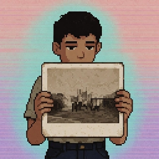 Nostalgischer Vaporwave-Pixel-Typ hält altes Foto