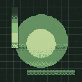 Gameboy green palette retro pixel art featuring a serene circular vaporwave design with subtle dithered glow and nostalgic vibe