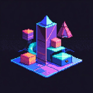 Vaporwave Low Poly Geometric Tower in Retro Pixel Style