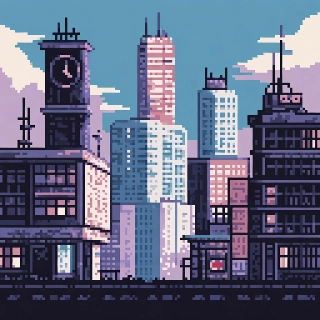Vaporwave Pixel Art JRPG Cityscape