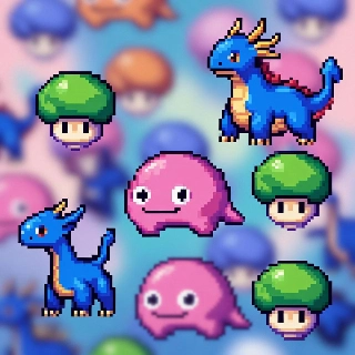 Vaporwave Pixel Creatures in Pocket Monster Style