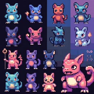 Vaporwave Pixel Creatures in Pocket Monster Style
