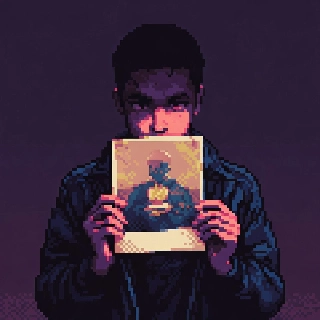 Vaporwave Pixel Man Holding Nostalgic Old Photo