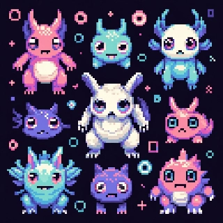 Vaporwave Pixel Pocket Monster Creatures