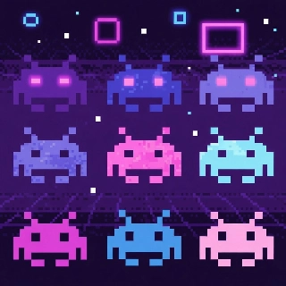 Space invaders theme retro alien art in vaporwave pixel style with glowing neon eyes and cosmic vibe for edgy profiles