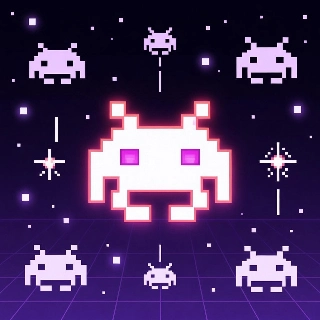 Space invaders theme retro alien art PFP with glowing white invader, purple eyes, menacing vibe amid stars and grid