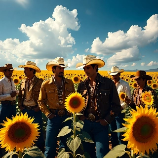 Cowboys in Sunflowers Field Bright Blue Sky
