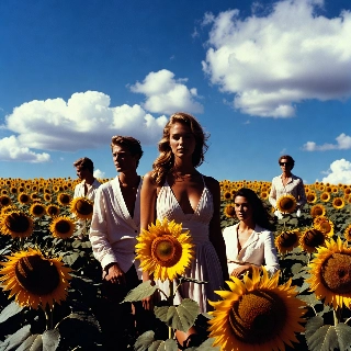 Elegant Models in Sunflowers Field Bright Sky