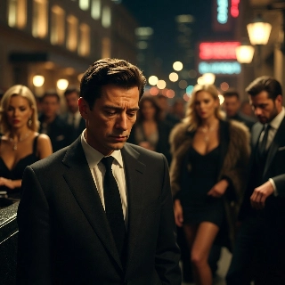 Exhausted Stylish Man in Neon City Night