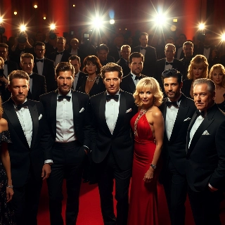 Red carpet event camera flashes illuminate stylish celebrities in tuxedos and gowns posing confidently with charismatic vibes