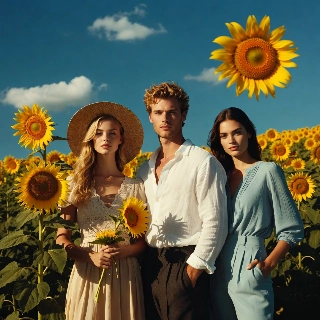 Serene Trio in Sunflowers Field Aesthetic