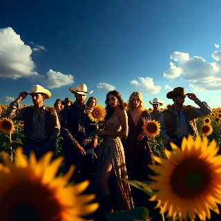 Sunflowers Field Cowboys Bright Blue Sky Aesthetic