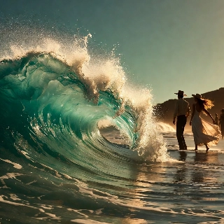 Turquoise Ocean Wave Crashing Behind Romantic Beach Couple