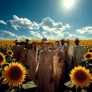 Elegant Group in Sunflower Field Fashion Portrait