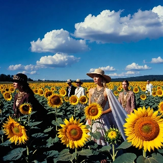 Elegant Models in Sunflowers Field Fashion Style