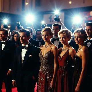 Red carpet event camera flashes illuminate elegant celebrities in tuxedos and gowns, exuding confident star power and poised glamour.