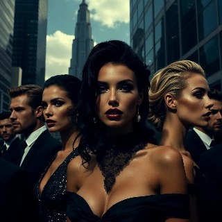 CEO portrait with skyscraper background featuring confident women in black gowns and suited men exuding powerful executive vibe