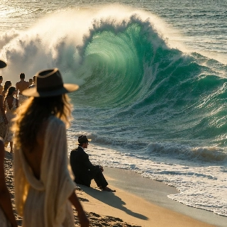 Dramatic Ocean Wave Beach Crowd Sunset Silhouette