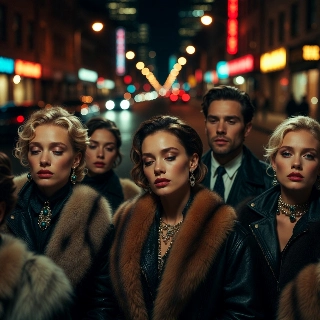 Exhausted Stylish Group in Neon City Night