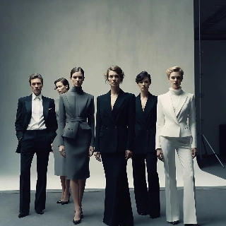 Minimalist studio clean professional profile picture featuring diverse models in sleek suits with confident poised vibes