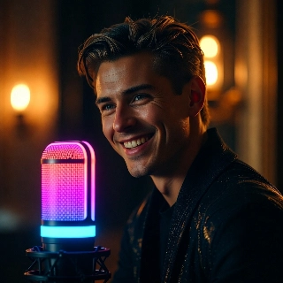 Smiling Twitch Streamer with Neon Mic Aesthetic