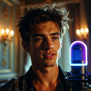 Smiling Twitch Streamer with Neon Mic Aesthetic