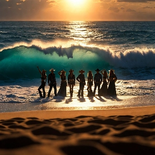 Turquoise Ocean Wave Beach Cowboy Silhouettes Sunset