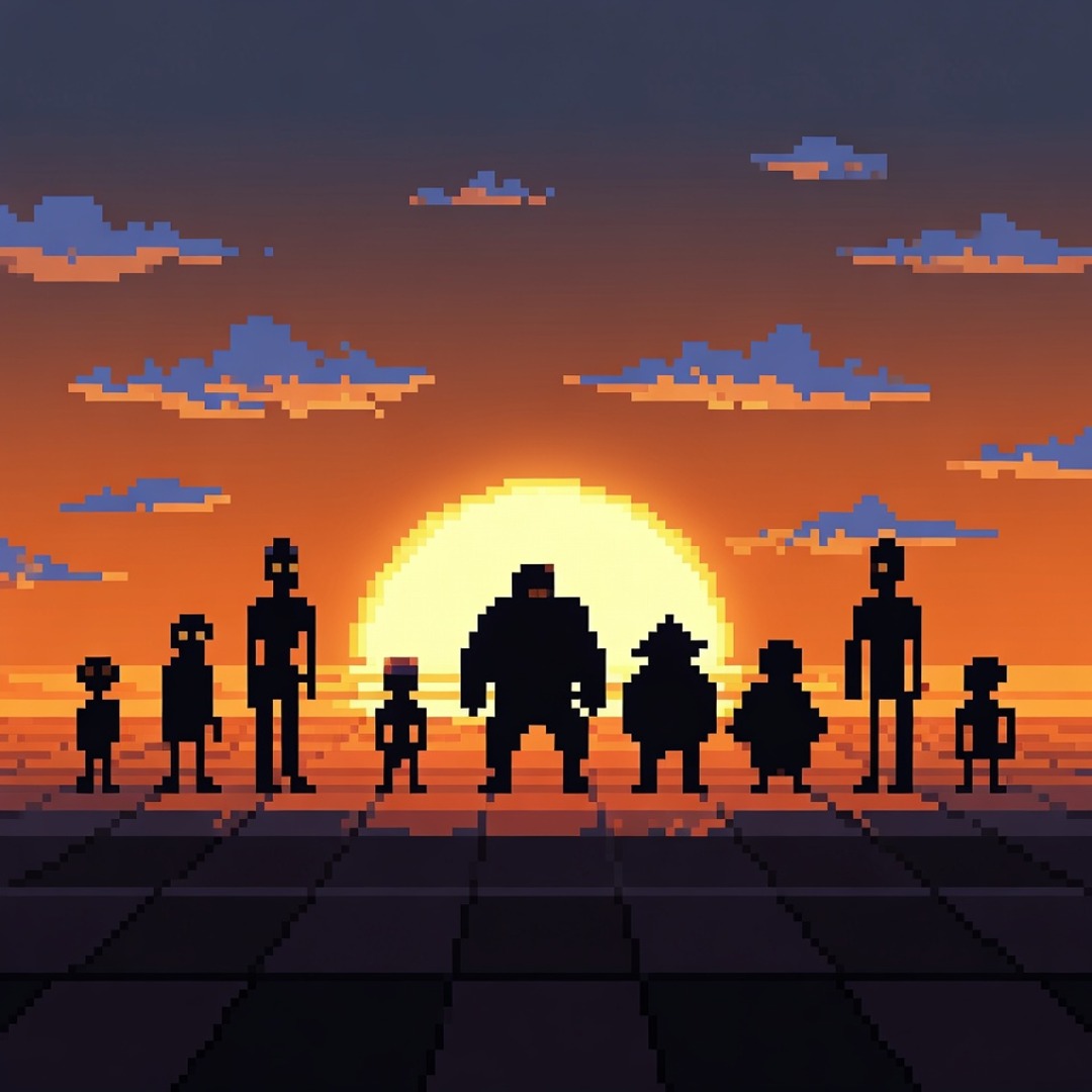 Synthwave Sunset Pixel PFP - 8-Bit Silhouette Characters | GetPFPs
